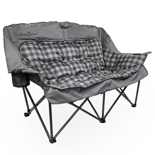 Black Sierra Double Loveseat Comfort Camping Couch, Oversized Folding Chair for Adults, 600‑lb Capacity, Plush Padded Heavy Duty Outdoor Seat with Cup Holders & Carry Bag for Beach, RV