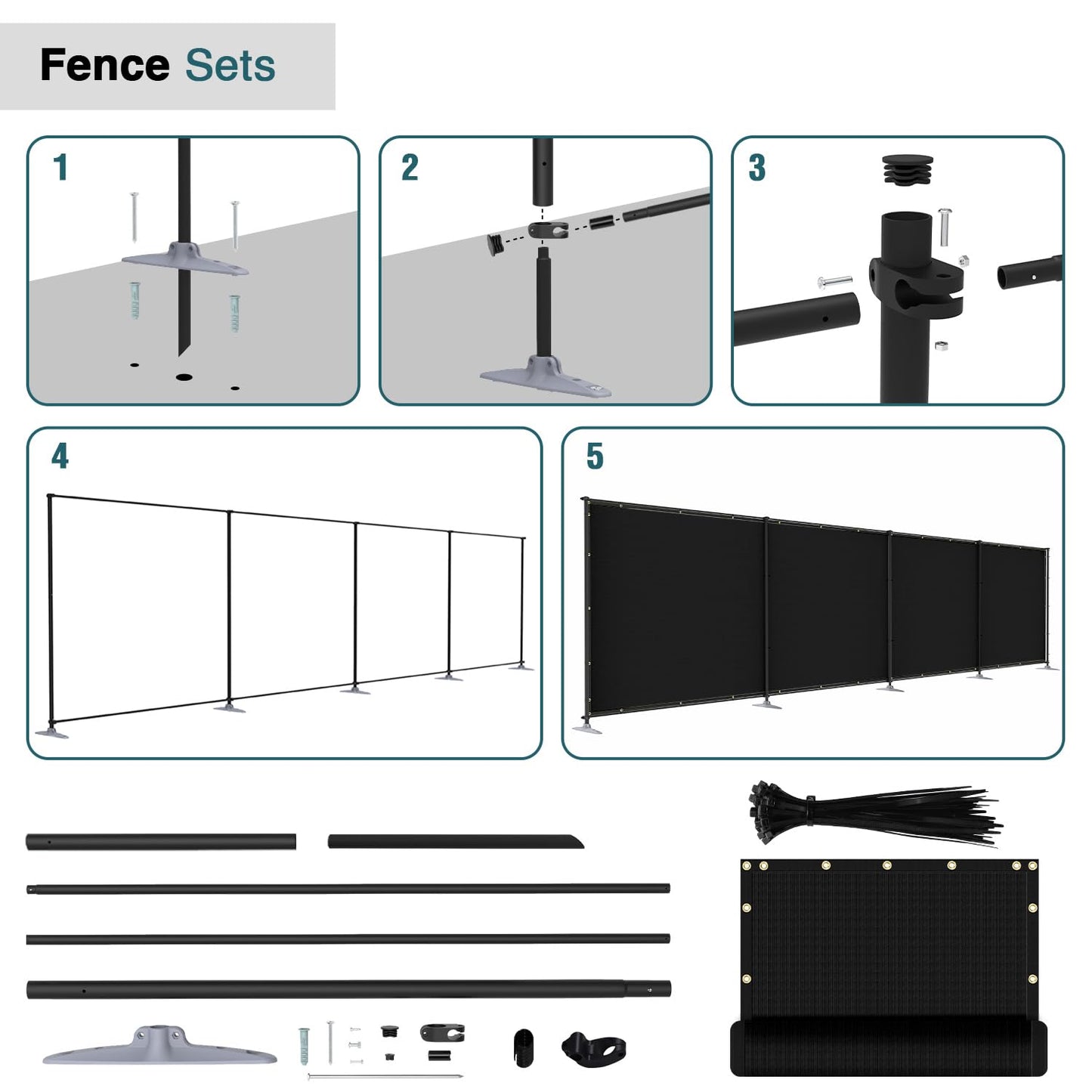 ECOOPTS 5'Hx24'L Privacy Fence Set with Poles and Rails Ground Spikes Fence Kit for Yard Patio Garden Pool (Black)