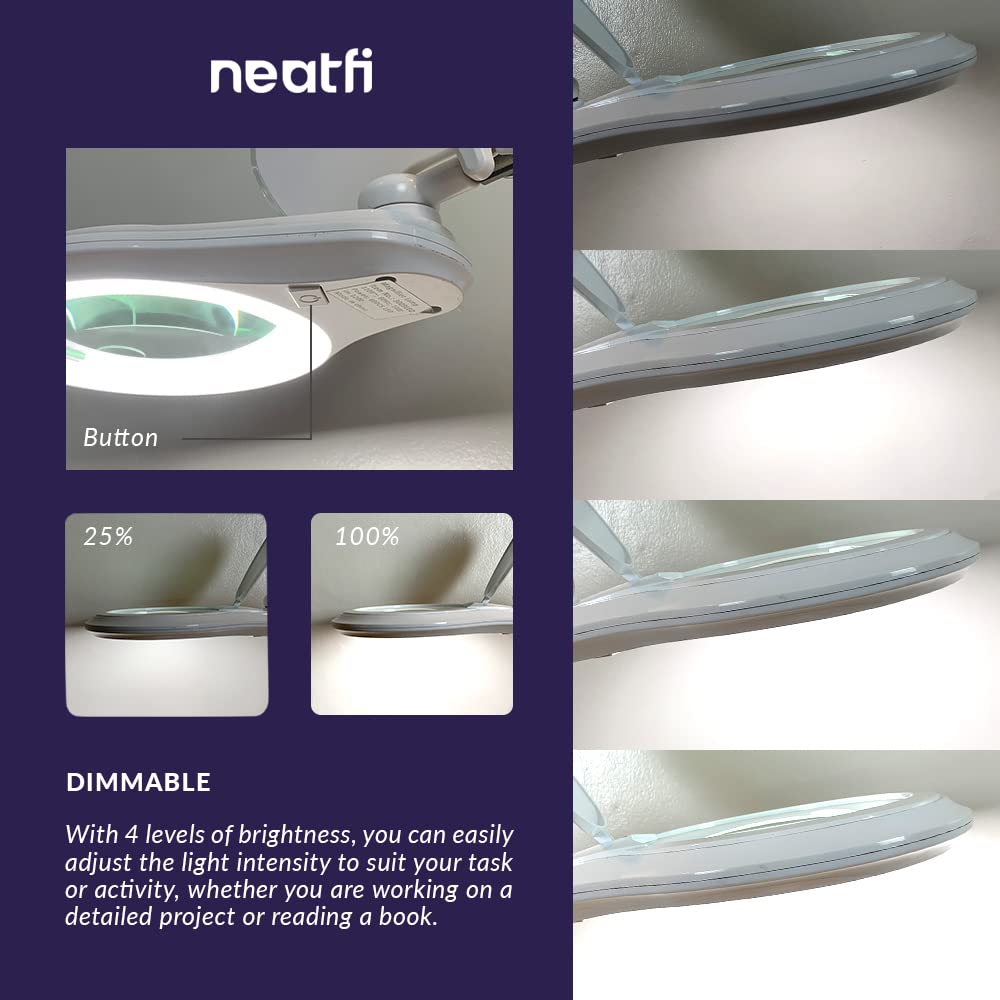 Neatfi LED Bifocal Magnifying Lamp 1,200 Lumens – 5” Glass Lens, Dual Magnification 3X/6X, Dimmable Task Light | Adjustable Arm with Clamp | Crafting, Jewelry & Reading (8 Diopter + 20 Diopter, White)
