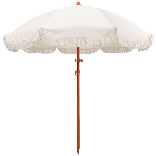 Jihfmo 7.3ft Boho Beach Umbrella with Integrated Sand Anchor & Reinforced 8mm Ribs – Heavy Duty Windproof Fringe Patio Umbrella, UPF 50+ Sun Shade with Tilt Mechanism & Carry Bag for Outdoor, Garden, Seaside (Cream/White)