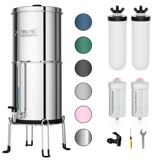 Purewell 8-Stage Gravity Fed Water Filter System, 2.25 Gallon Stainless Steel Countertop System with 4 Filters, Metal Water Level Spigot and Stand, Reduce Fluoride and Chlorine, PW-OBT-CF