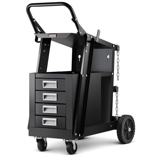 VEVOR Welding Cart, 2-Tier 4 Drawers Welder Cart with 265 LBS Weight Capacity, 360° Swivel Wheels, Tank Storage Safety Chains, Heavy Duty Rolling MIG Welder Cart for Mig Welder and Plasma Cutter