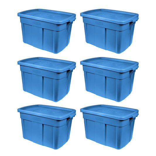 Rubbermaid Roughneck Tote 18 Gal, 6 Pack, Made in USA, Heritage Blue, Rugged Plastic Stackable Storage Bins with Lids and Handles