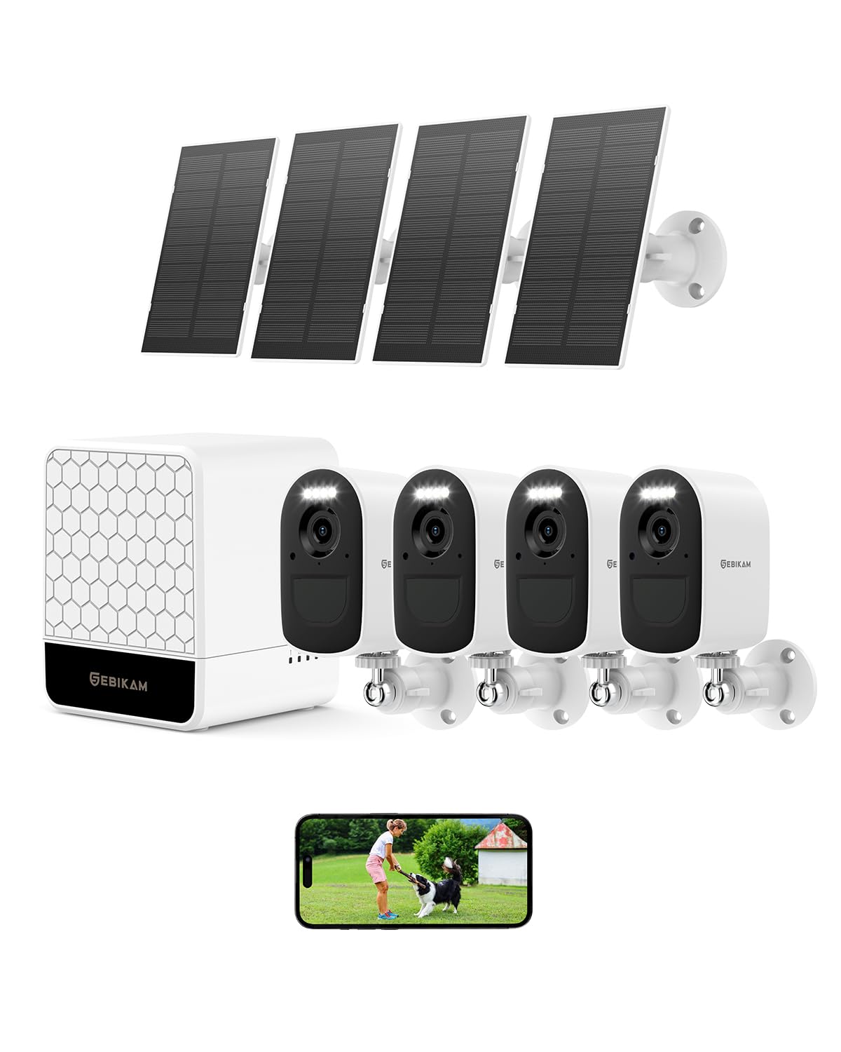 Sebikam Wireless Outdoor Security Camera System, 4 Solar Powered 2K/4MP Battery Cameras, Dual Band 5GHz & 2.4GHz WiFi, Color Night Vision, PIR Motion Detection, Remote App Access for Home Security