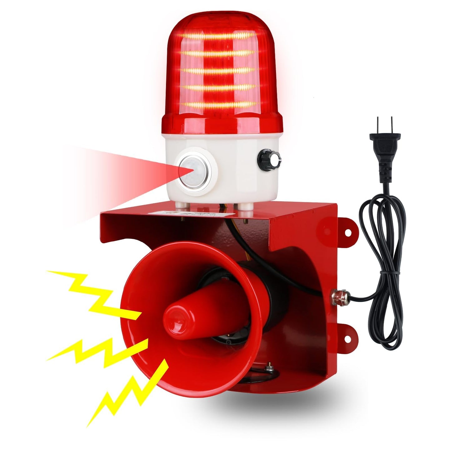 Motion Sensor Alarm with Human Detection, 120dB Loud Siren & LED Strobe for Home Defense, Outdoor Security, Property Protection, AC110V Plug