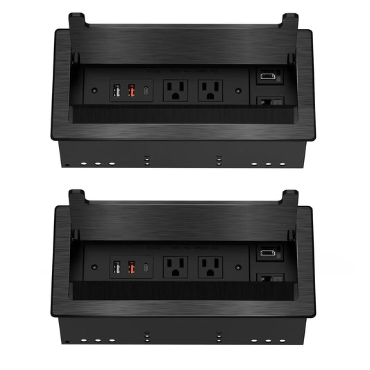 2Pack Conference Table Power Hub, Outlet Multimedia Connectivity Box with 1 HDMI + 1 RJ45 + 20W USB C + 2 USB A + 2 AC Outlets, Heavy Duty Metal Table Top Box for Countertop Office UL Listed