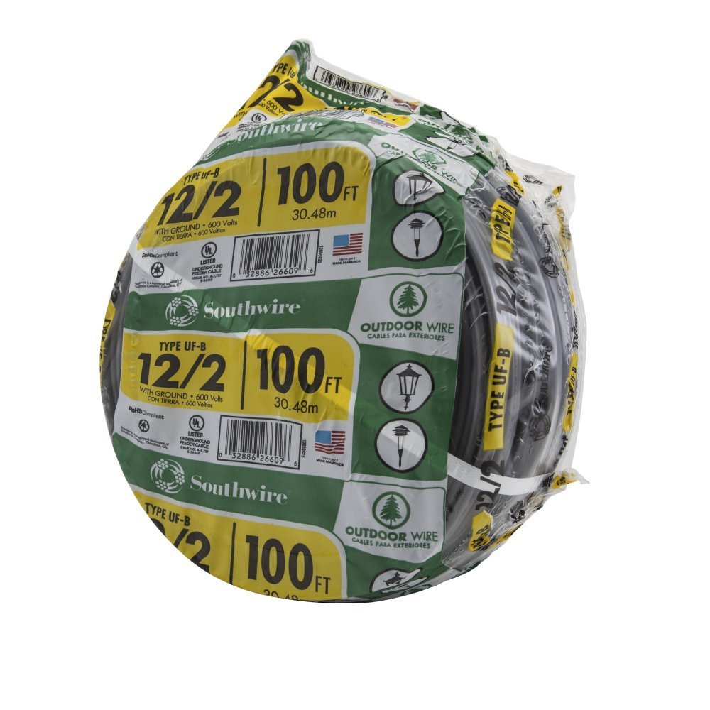 Southwire 12/2 UF B Wire with Ground, 100 ft, Gray Solid Copper Direct Burial Cable for Outdoor & Underground Use, 600V