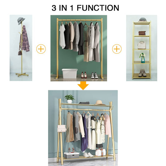 MAIKAILUN Clothes rack Gold, Freestanding Industrial Garment Rack with Double shelves Multi-functional Bedroom Hanging Clothing Rack,Heavy Duty Coat Rack Organizer for Bedroom Shoes 1 pack (39'' L)