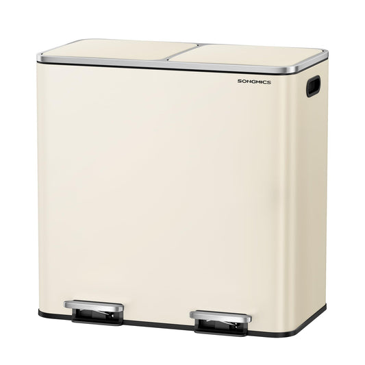 SONGMICS Trash Can, 2 x 10.6 Gallon (2 x 40 L) Garbage Can for Kitchen, with 15 Trash Bags, 2 Compartments, Plastic Inner Buckets and Hinged Lids, Airtight, Almond Color ULTB730A01V1