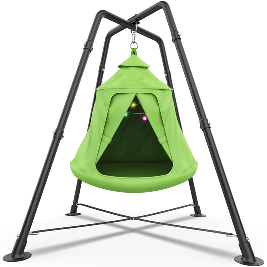 Swing Set with Tent Swing, X-Shaped Swing Frame with Sensory Swing, Tent Swing with Swing Stand, Hammock Chair with Stand, 330 lbs Capacity, w/Rainbow Lights String, Indoor/Outdoor Use(Green)