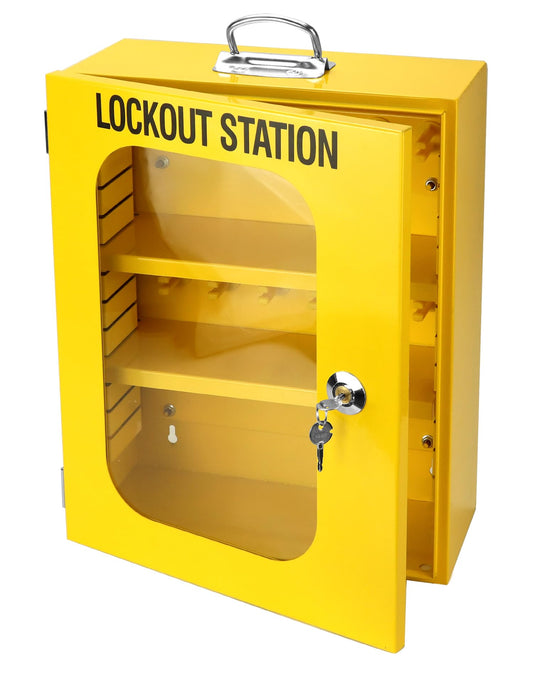 QWORK Lockout Tagout Cabinet, Heavy Duty Station Cabinet with Clear Door & Lock,Wall Mounted Box Cabinet, Steel Construction, Large Capacity Storage for Machine Service, Yellow