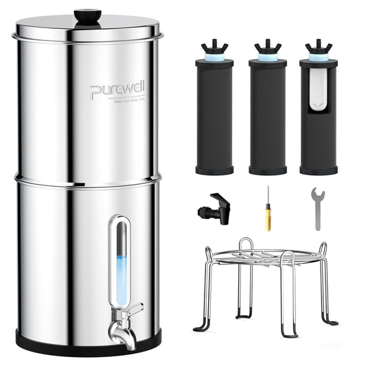 Purewell 4-Stage Ultra-Filtration Gravity-fed Water Filter System with 3 Filters, 304 Stainless Steel Countertop System with Water Level Window, Reduce Fluoride and Chlorine, 2.25G, PW-KS-3F