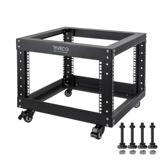 RIVECO 6U Open Frame Server Rack with Wheels- Heavy Duty 4 Post Quick Assembly 19-inch Support 600KG Equipment Home Network Cabinet Black