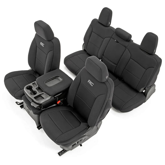 Rough Country Neoprene Seat Covers for Chevy Silverado/GMC Sierra 1500 (2019–2026) w/Rear Cup Holder - Waterproof, UV-Resistant, Foam Padded, Front & Rear Row Cover Set