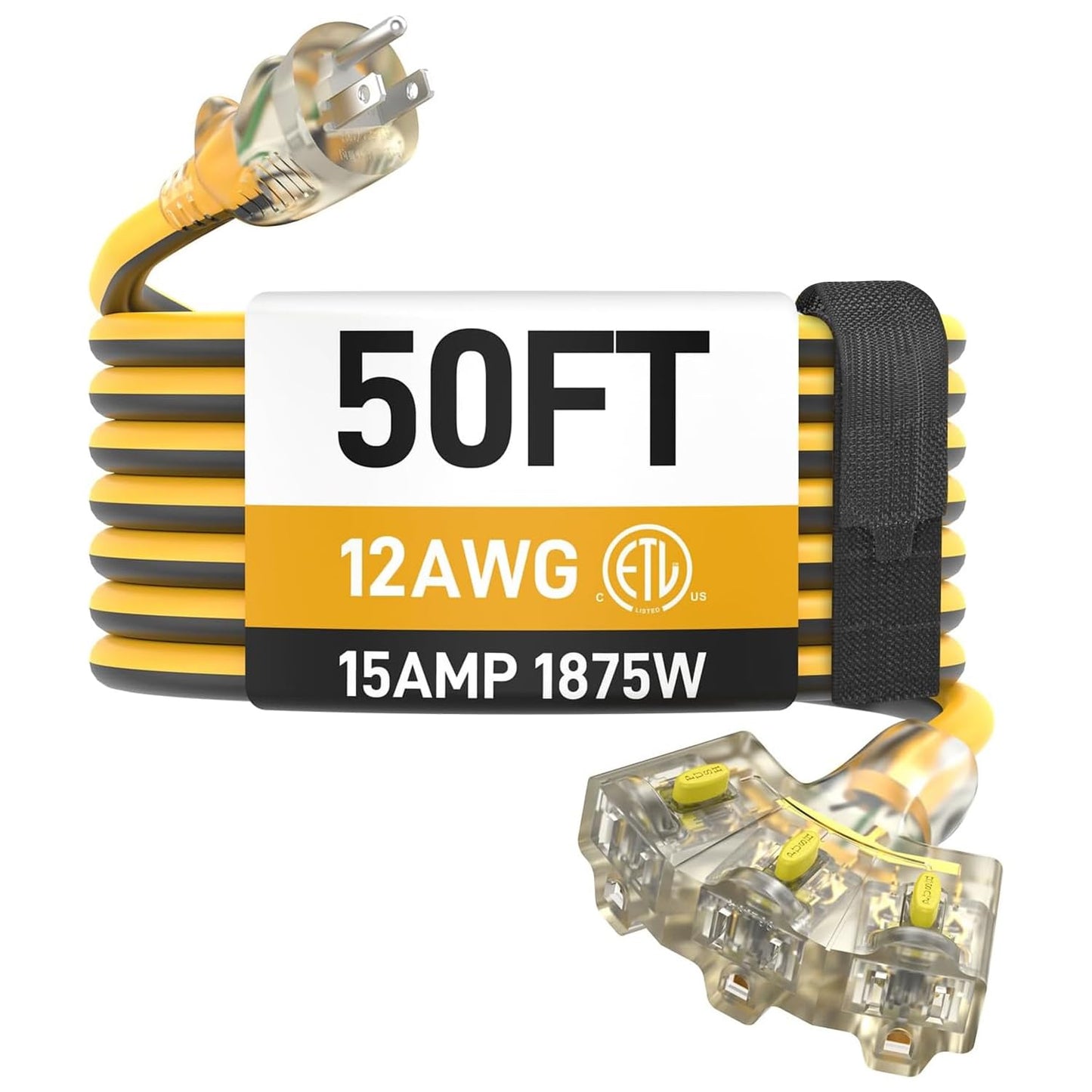 50FT Outdoor Extension Cord with Multiple Outlets, 12/3 Gauge Heavy Duty, 15A 1875W, 3 Prong with LED Light & Locking Plug, Weather Resistant, ETL Certified for Lawn Mower, Tools, Christmas Lights