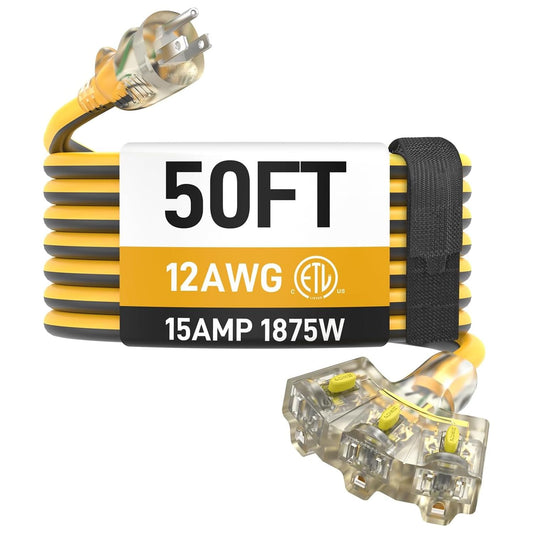 50FT Outdoor Extension Cord with Multiple Outlets, 12/3 Gauge Heavy Duty, 15A 1875W, 3 Prong with LED Light & Locking Plug, Weather Resistant, ETL Certified for Lawn Mower, Tools, Christmas Lights