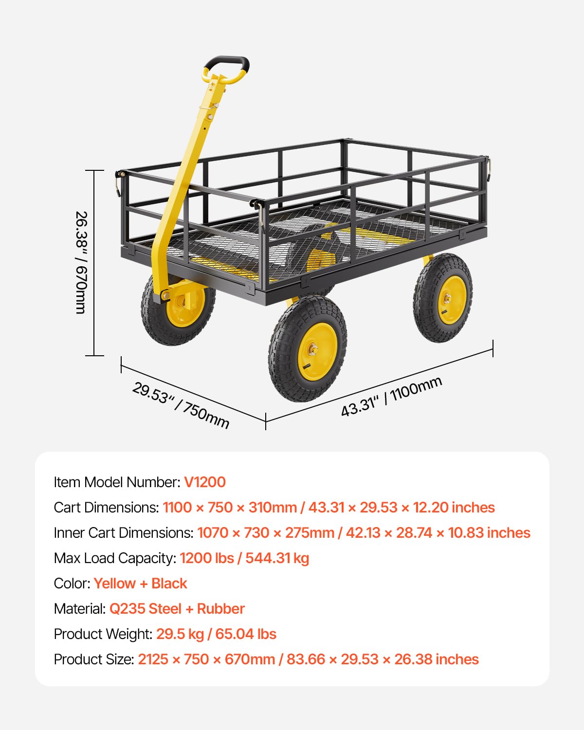 VEVOR 1200 Lbs Steel Garden Cart, Heavy Duty Pullable Garden Wagon Yard Cart, 2 in 1 Outdoor Metal Utility Wagon Yard Trailer with 13" All Terrain Tires, Mesh Removable Sides and 180°Rotating Handle