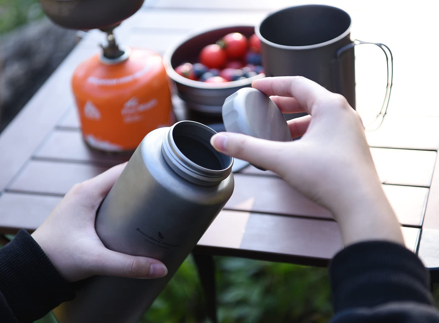 iBasingo 1050ml Titanium Bottle with 600ml Nesting Cup Outdoor Camping Single Layer Wide Mouth Cookware Lightweight Portable Bottle Mug Set Hiking Picnic Solo Cooking Mess Kit Ti3007D