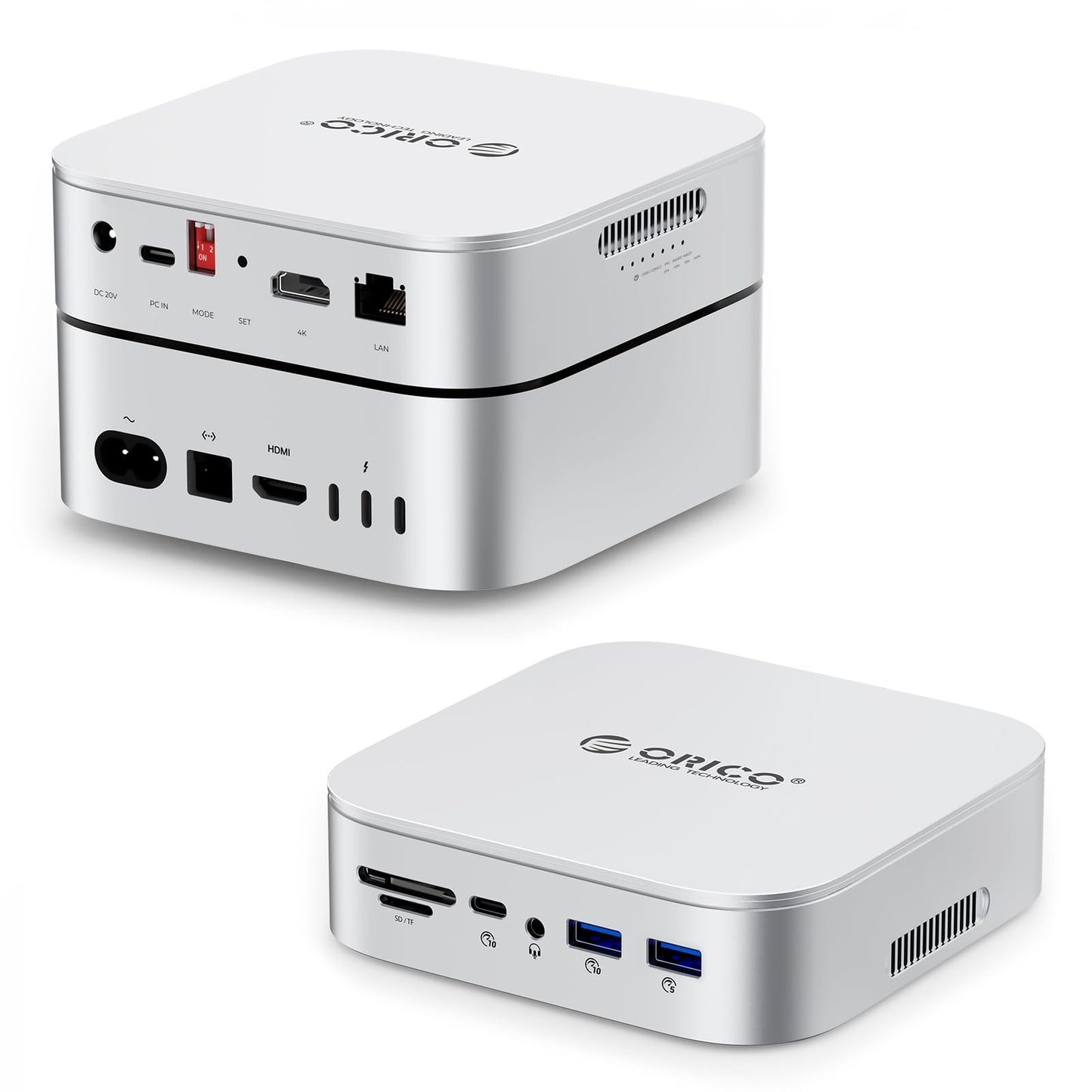 ORICO MiniRaid 10-in-1 Docking Station with Dual-Bay M.2 NVMe/SATA SSD Enclosure for Mac mini M4 Pro, Raid 0/1/PM, USB C HUB with HDMI 4K@60Hz, 10Gbps, PD60W, SD/TF Slot, RJ45 for Creator-MR10 Pro