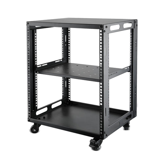 12U Open Frame Server Rack with Wheels Free Standing Network Server Rack for Servers & AV Gear Black