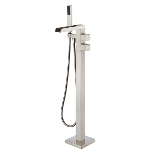 Wowkk Thermostatic Freestanding Bathtub Faucet Waterfall Tub Filler Brushed Nickel Floor Mount Brass Bathroom Faucets with Hand Shower