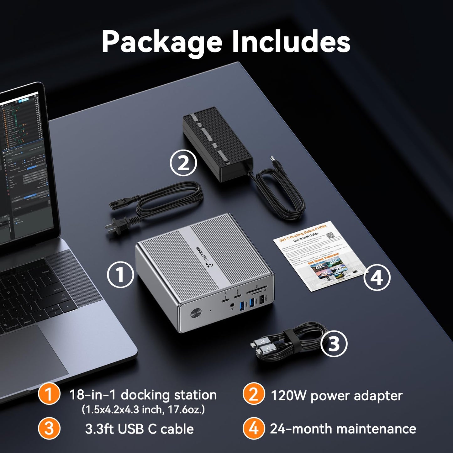 TobenONE DisplayLink Docking Station 4 Monitors with 4 HDMI, 10Gbps USB, 120W Power Supply, 18W Charging for Phone, Gigabit Ethernet, Compatible with macOS, Windows, Boost Multi-Tasking Productivity