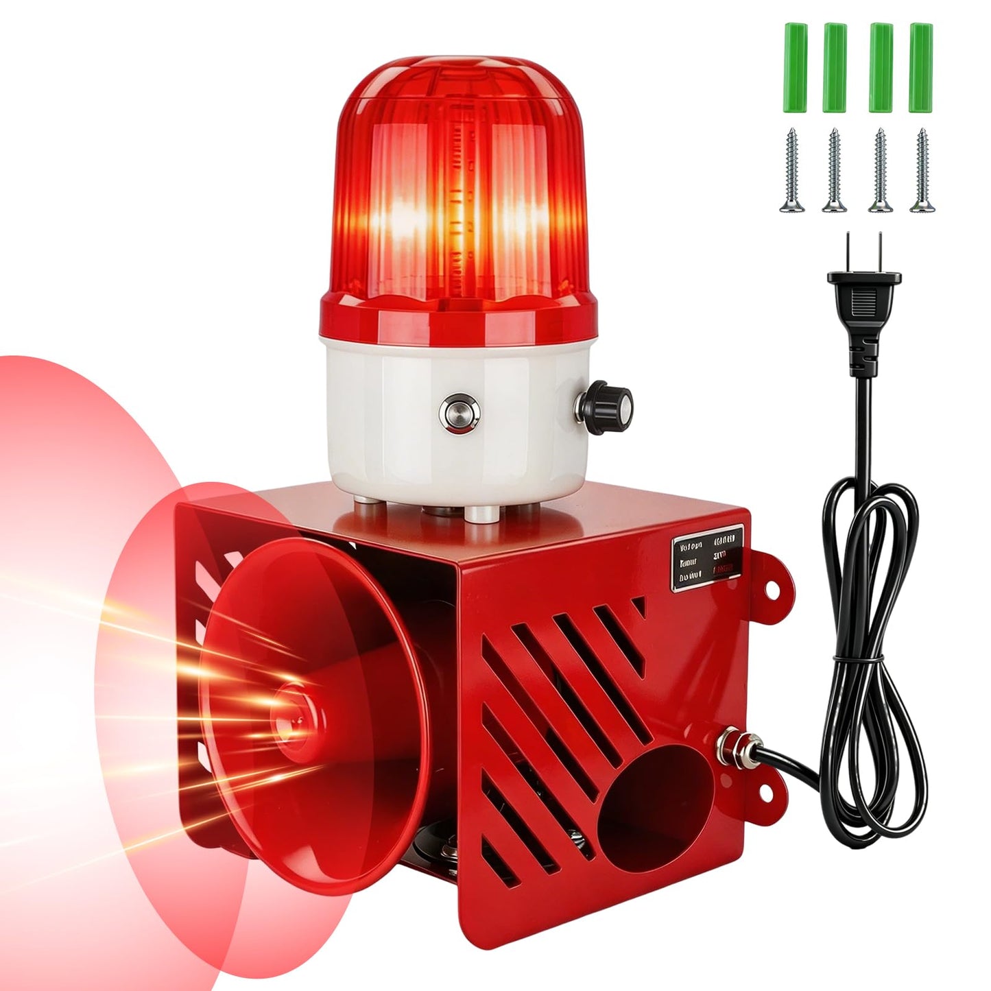 AC110V 120dB Industrial Siren Alarm Strobe Light Waterproof Red Warning Beacon Adjustable Volume Plug-in Manual Control for Indoor Outdoor Security,Factory,Garage (AC110V Red)