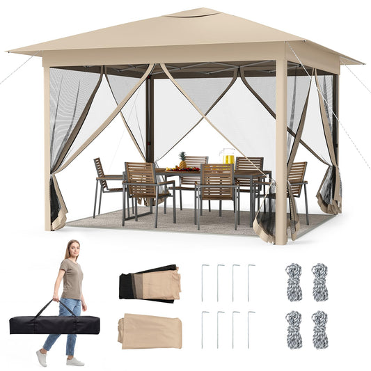 Happygrill 11.5 X 11.5 FT Pop-up Canopy Tent, One-Person Easy Setup Outdoor Screen Gazebo w/Mesh Netting, Vented Top, 4 Doors, Carry Bag, Portable Heavy-Duty Sun Shelter for Party Picnic (Beige)