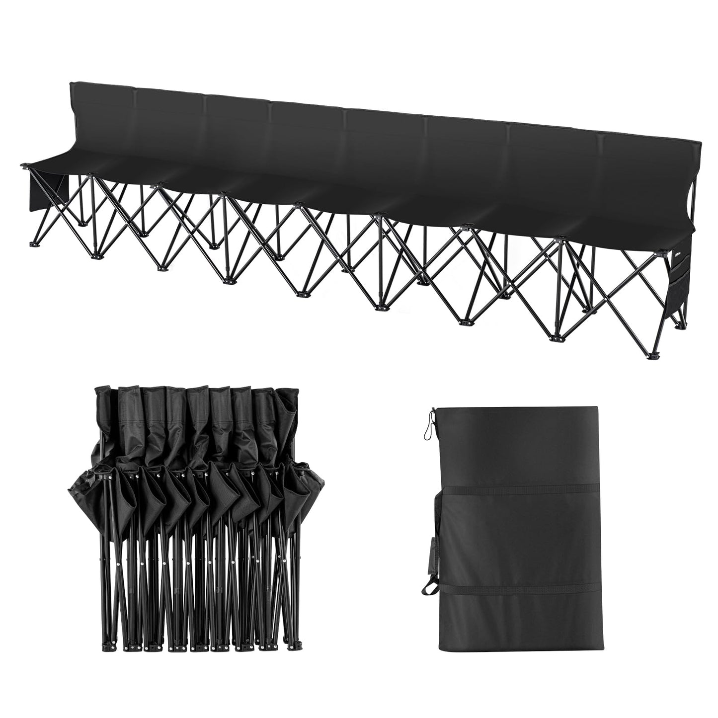 VEVOR Portable Folding Bench, 8 Seats Foldable Sideline Bench, Outdoor Camping Bench Chair with Carry Bag & Backrest, Team Sport Sideline Bench for Football Fishing, No Assembly Instant Seating, Black