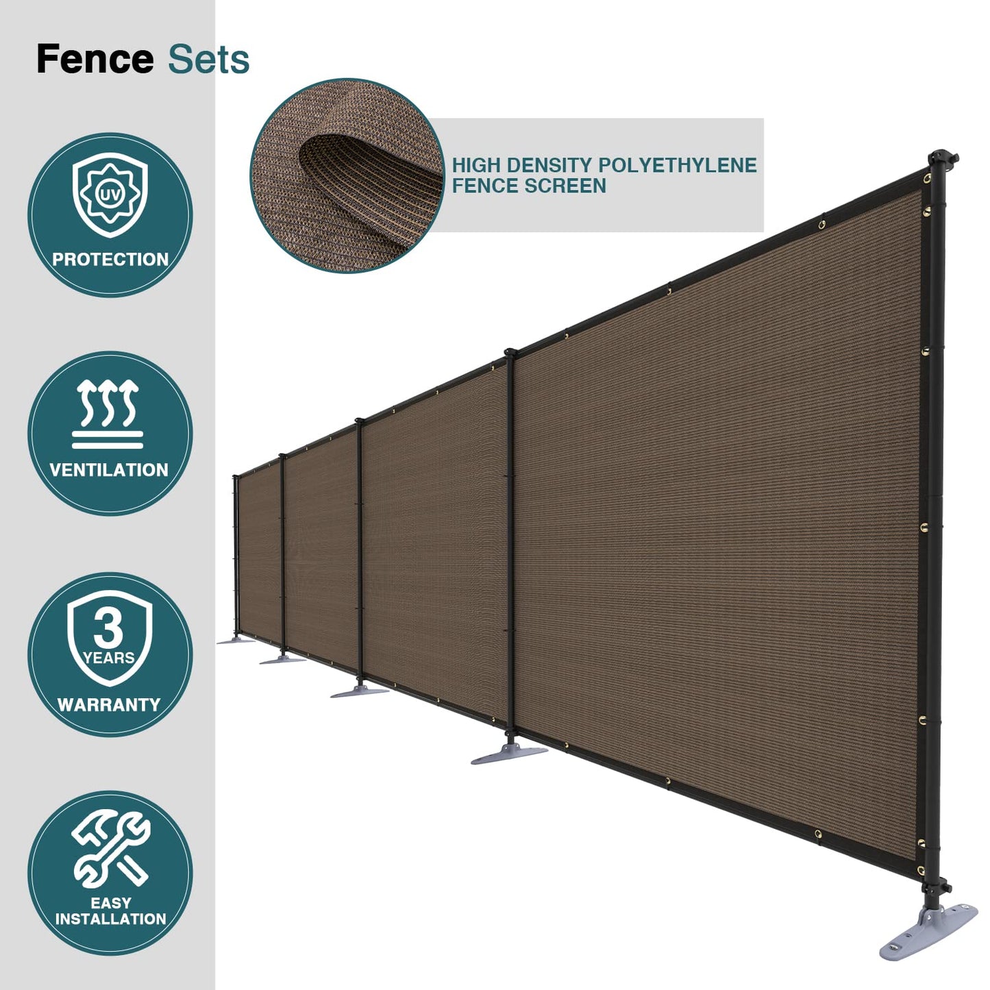 ECOOPTS Privacy Fence Set with Poles and Rails Ground Spikes Fence Kit for Garden Patio Pool Yard (5'Hx12'L, Brown)
