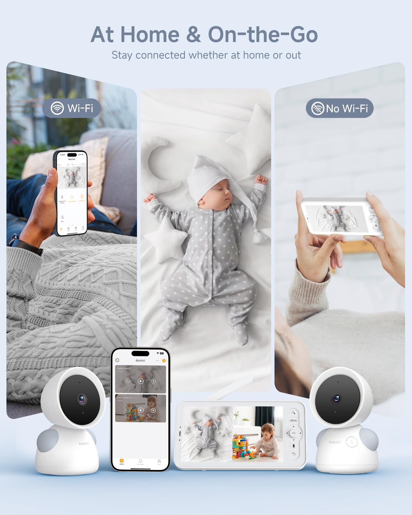 ARENTI Baby Monitor with 2 Cameras, 2K/3MP WiFi 6 Camera and Audio, 5-inch Wireless Screen, Smartphone App, Super Night Vision, Crying Detection, Auto Tracking, Temp&Humidity Sensor (D3 Set)
