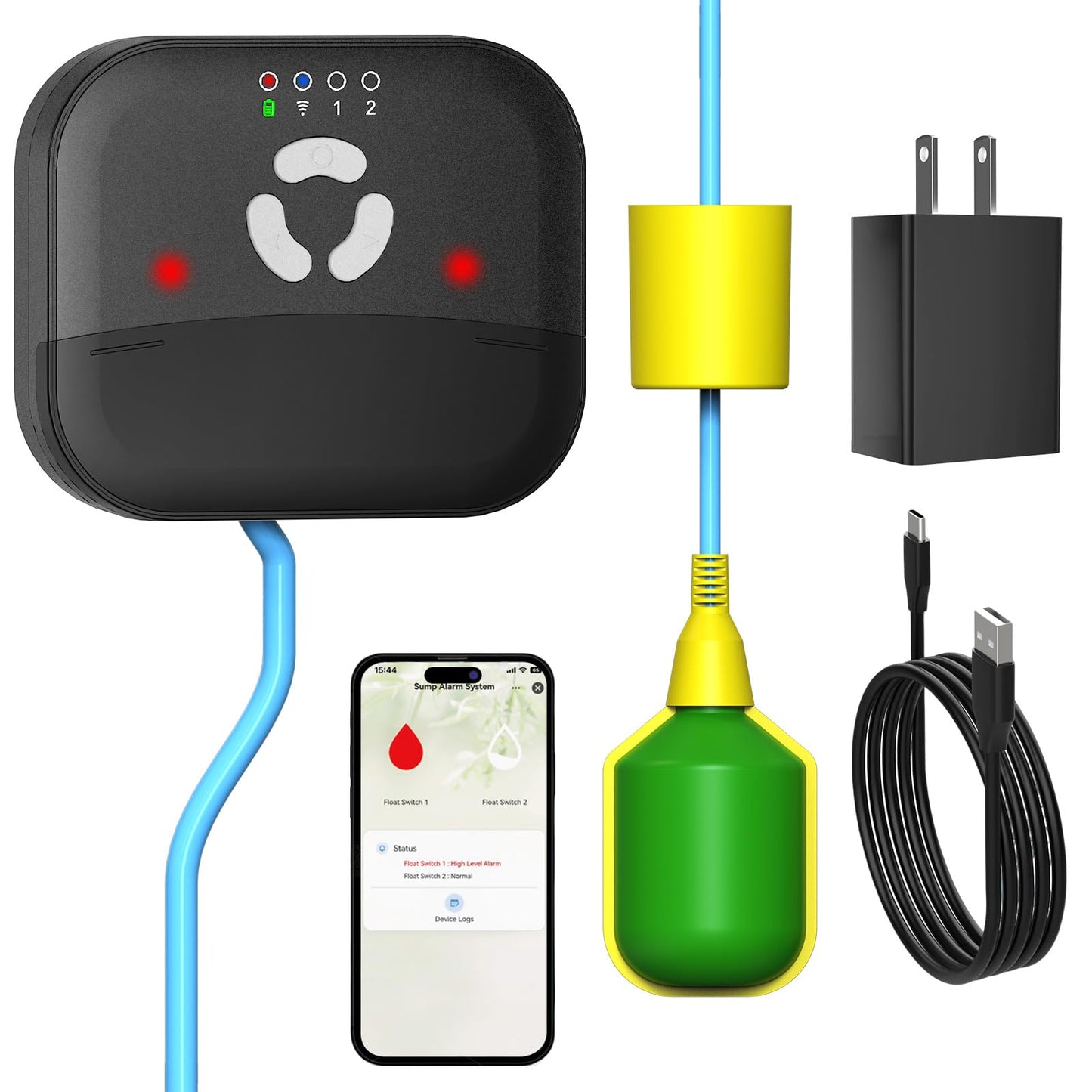 LUCKYDUO WiFi High/Low Sump Pump Alarm, Built-in Backup Battery, Smart Water Level Alert with App Notification,Water Lever Sensor Detector with 10ft Tethered Float Switch,110dB Loud Alarm,LED Flashing