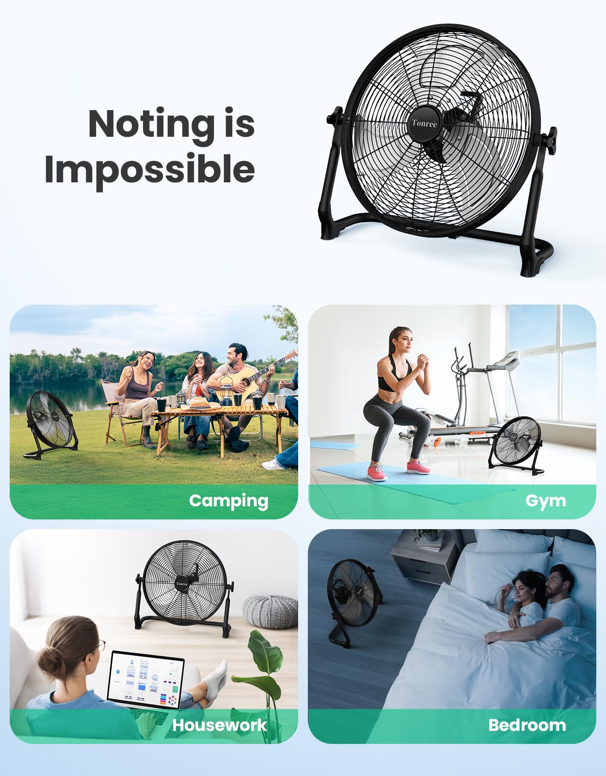 Tonree 18" Portable Battery Operated Floor Fan, Hi-Velocity Rechargeable Cordless Fan, USB Phone Charge, 12-60H Runtime, Quiet, Wireless, Hi-Airflow, For Camping Home Gym Patio Outdoor Summer Gazebo