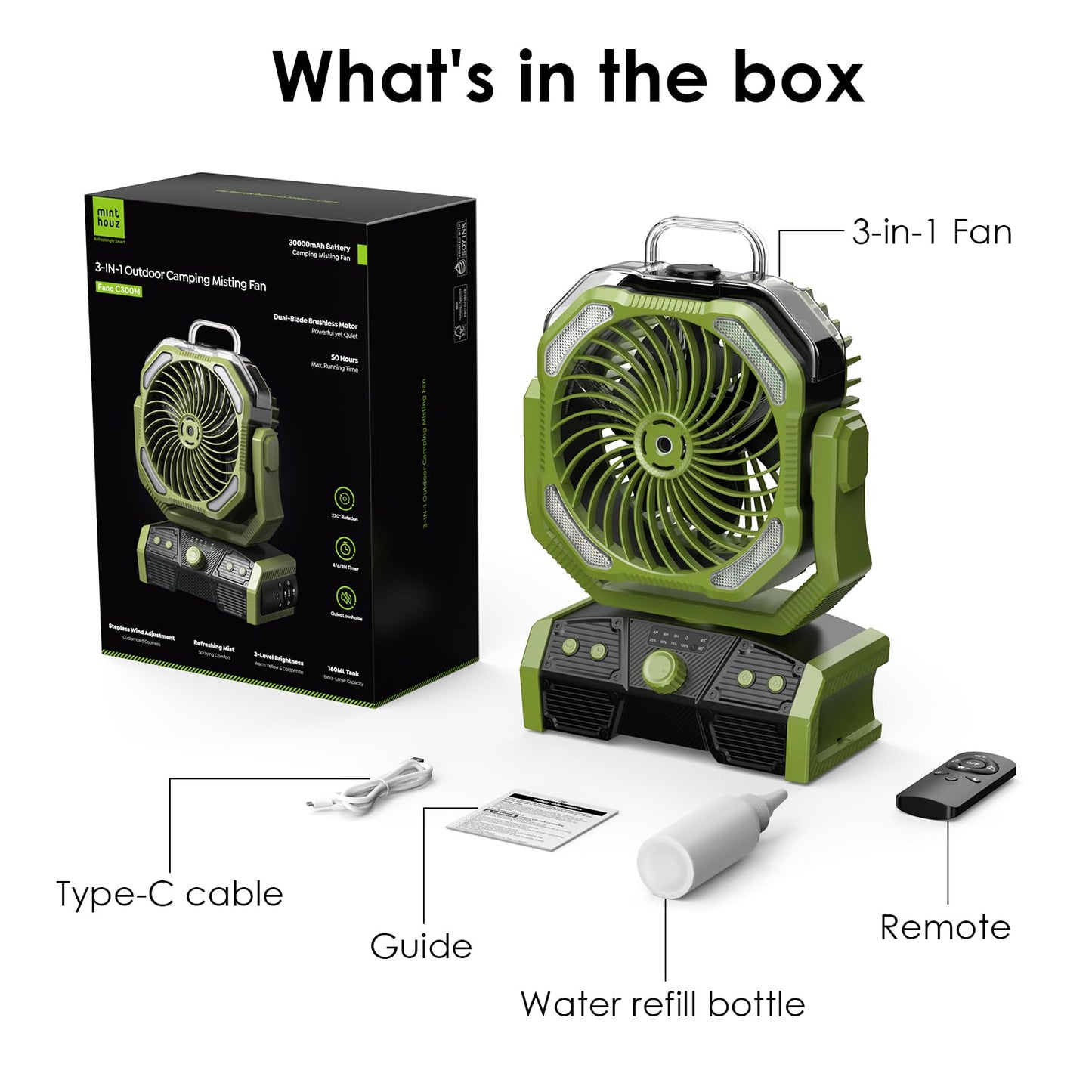 Minthouz 3-in-1 Camping Fan with 30000mAh Battery, Portable Outdoor Mist Fan with LED Light, 50H Runtime, Remote, 270° Tilt, 4.0m/s Wind, Quiet Camp Fan for Tent, RV, Patio, Backyard, Travel