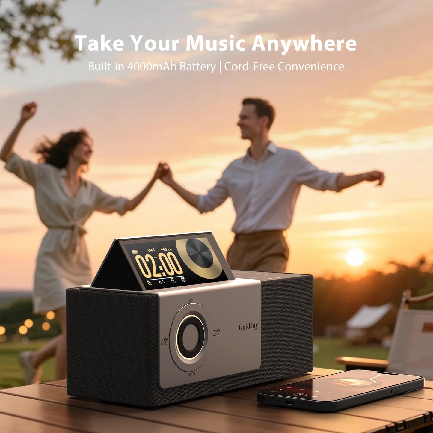 GoldJoy 7-in-1 Bluetooth Speaker Wireless Charging Station, Smart Flip-Up LCD Display Clock Syncs Phone's Time and Date, Sunset Lamp & White Noise for Sleep, 4000mAh Battery for Home, Outdoors