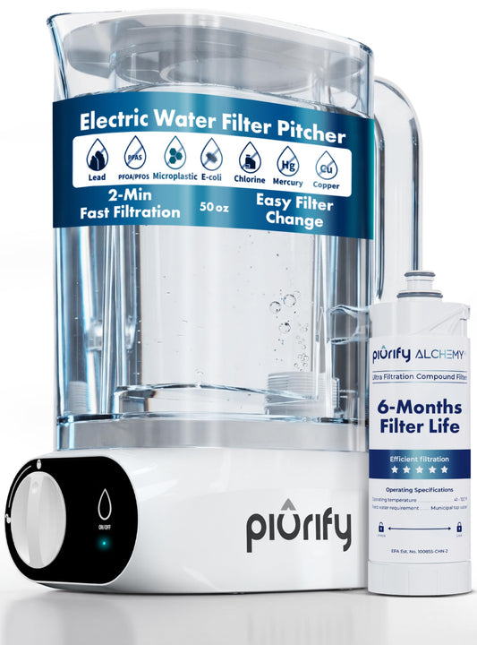 Piurify Compact 50 OZ Countertop Electric Water Filter Pitcher | Removes 99% of Lead, Microplastics, PFAS & Chlorine | Advanced Carbon Block & UltraFiltration Technology | 6 Months Filter Life