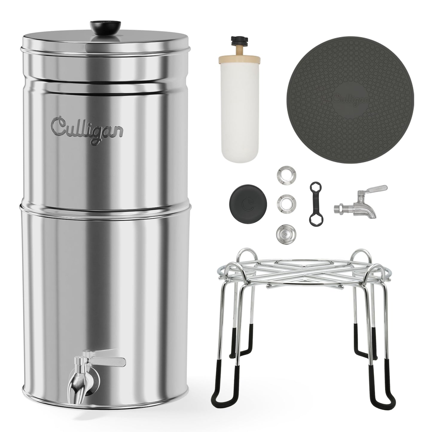 Culligan MaxClear 2.25 Gallon Gravity Water Filter System, Polished Stainless-Steel Countertop Water Filter NSF/ANSI Certified to Reduce Microplastics, Lead & Total PFAS, with 1 Ceramic Filter