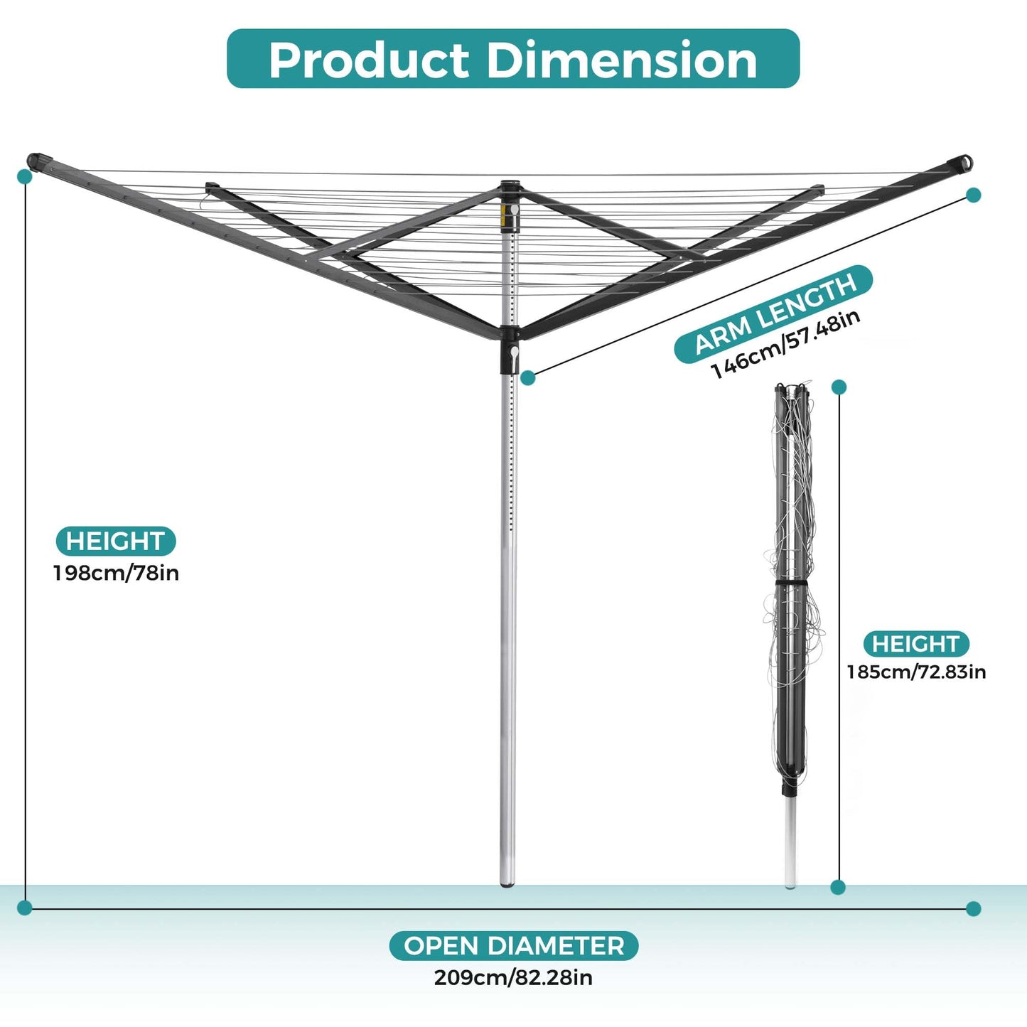 SUPTINWEAR 196FT Rotary Clothesline Outdoor, 88LB Heavy Duty Umbrella Dryer, Foldable 4 Arm 360° Rotating, Adjustable Height Laundry Drying Rack with Ground Spike for Yard