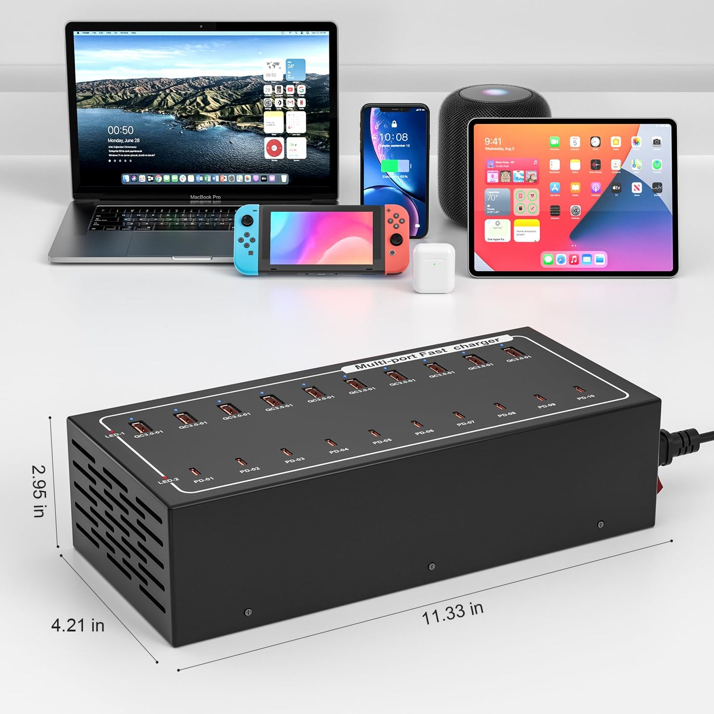 20-Port Fast Charging Station 400W, USB C and USB A Charger Dock with Smart Power Distribution Technology，for Multiple Devices, PD/QC Fast Charging Support