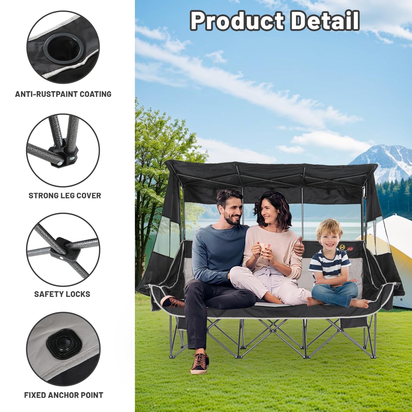 Nice C Heated 3 Seat Camping Chair with Canopy, Heated Double Folding Couch Loveseat Bench With Battery, Portable Oversized Padded Sports Umbrella Chair With Shade, Cup Holder, For Adults Outdoor Lawn