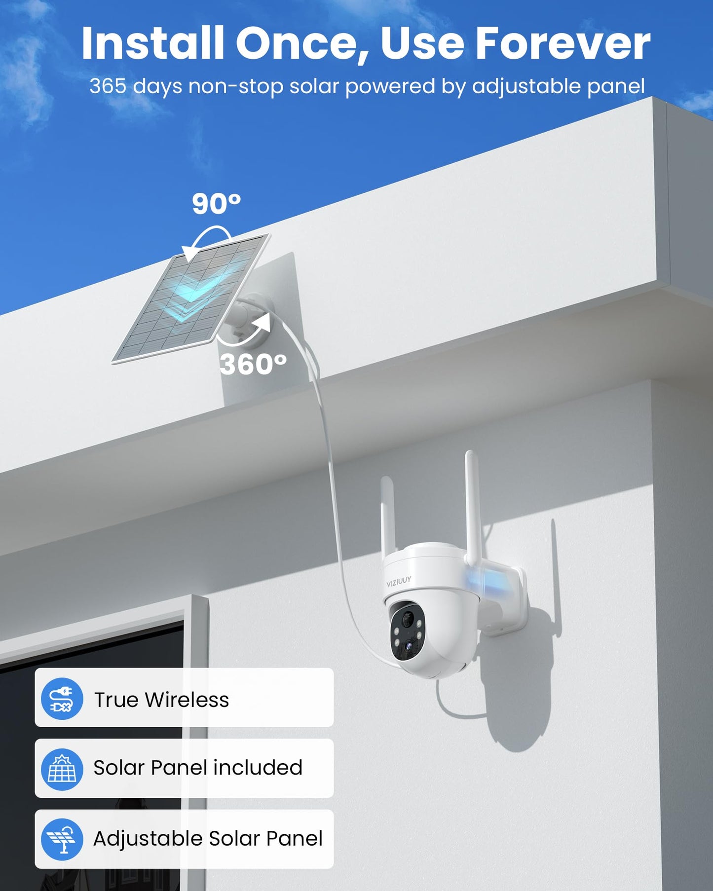 VIZIUUY Solar Security Cameras Wireless Outdoor, 3MP Pan/Tilt 360°View Solar/Battery Powered WiFi Camera with Color Night Vision/PIR Sensor/2-Way Audio/Alexa(3 Pack)