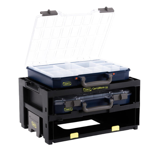 Raaco CarryMore 55 Storage System – Includes 2 CarryLite Slim 2.3 Inch Height Organizers (16 Inserts Each) – Stackable Modular Tool Storage Unit – Portable Hardware & Parts Organizer (2X CarryLite 55)