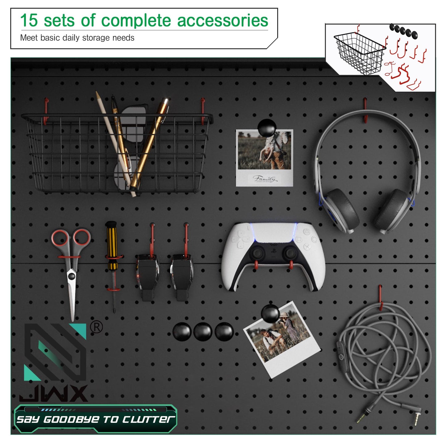 JWX DDB Gaming Standing Shelf Units, 30‘’ Free Standing Gaming Shelf Pegboard Cabinet with Home Office Metal Pegboard and 15 Pieces Organizer Tool Holders