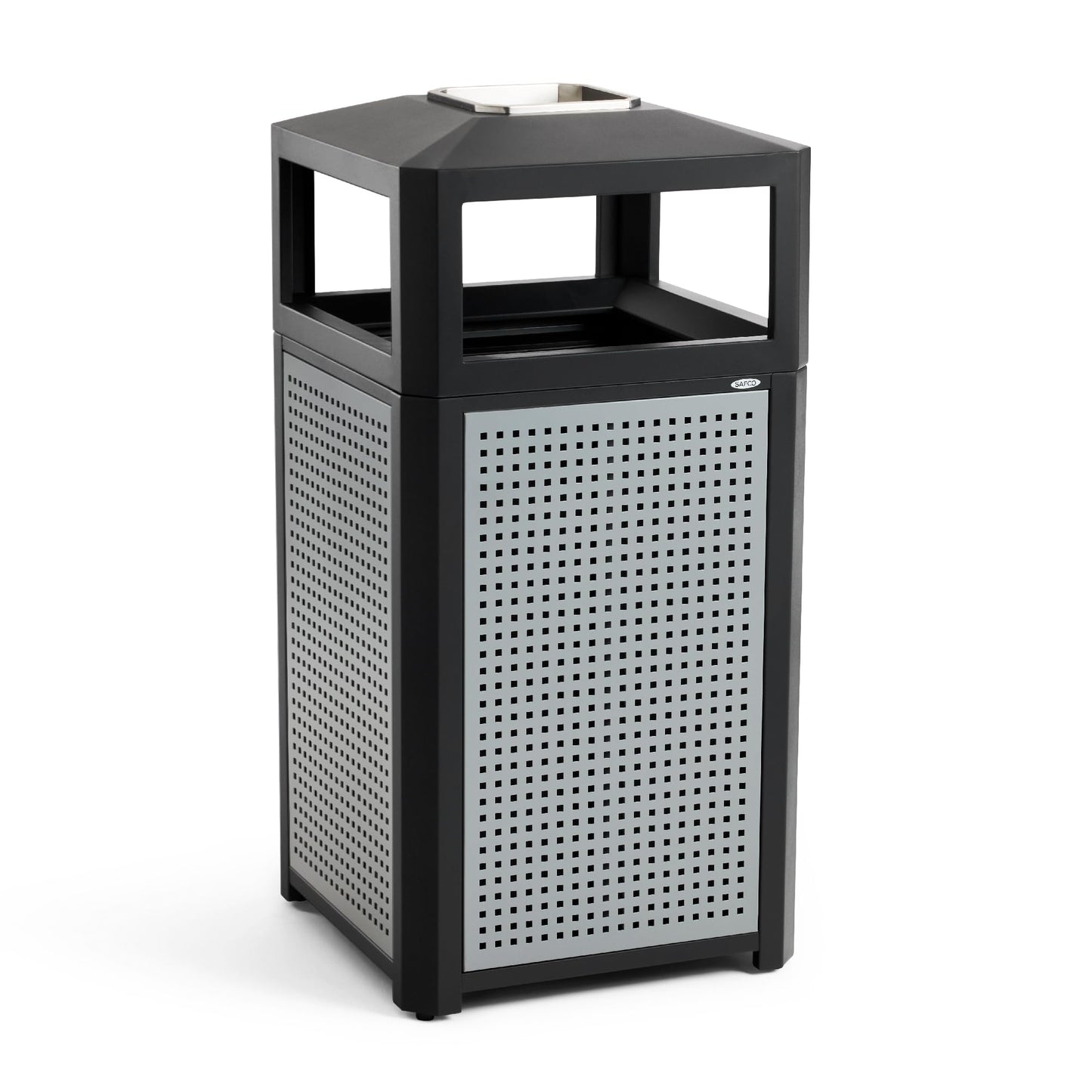 Safco Evos Steel Trash Can, 38 Gallons, Indoor and Outdoor Use, Commercial Garbage Can with Plastic Liner and Ashtray