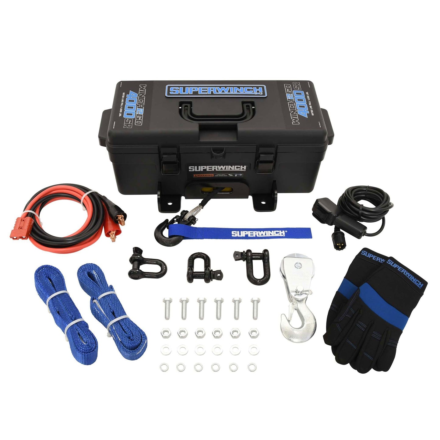 Superwinch 1140232 Winch2Go 12V DC Electric Portable Utility Winch 4000lb(1814.4kg) Single Line Pull with Steel Mounting Plate Integrated Hawse Fairlead 7/32" x 47' Synthetic Rope Handheld Remote