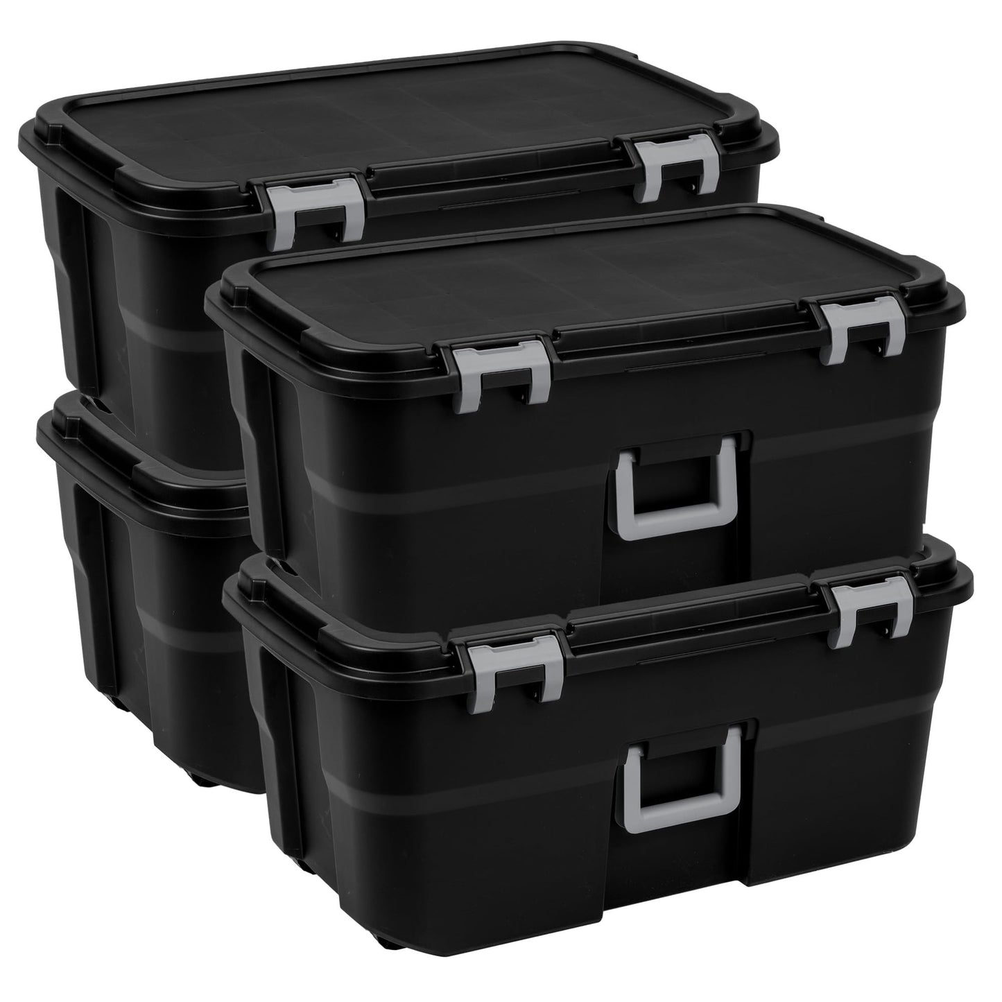 Sterilite 4 Pack Wheeled Footlocker, 22 Gallon Plastic Storage Container with Latching Lid and Handles, Black - Large Stackable Bin Home Organizer