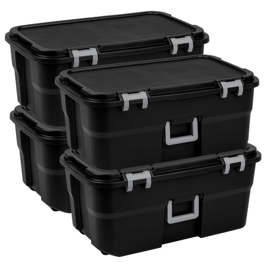 Sterilite 4 Pack Wheeled Footlocker, 22 Gallon Plastic Storage Container with Latching Lid and Handles, Black - Large Stackable Bin Home Organizer