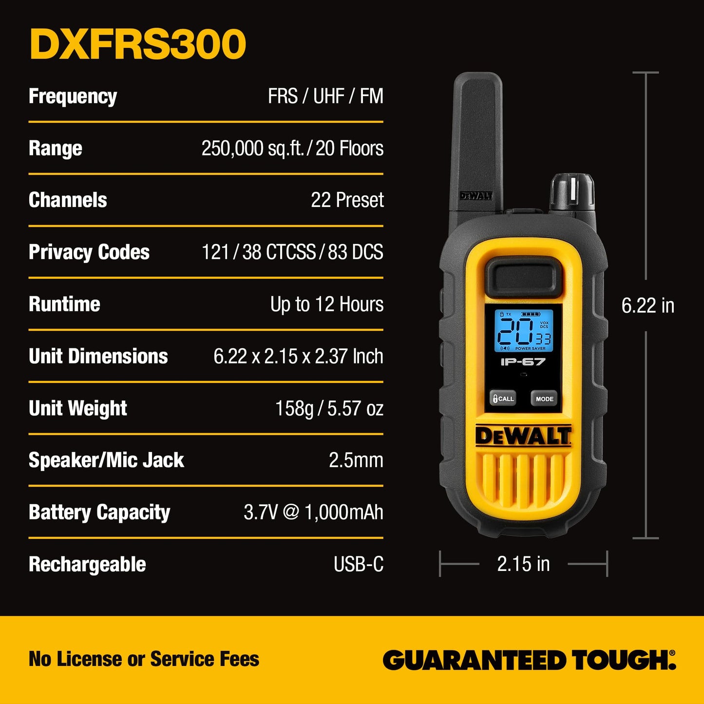 DEWALT DXFRS300 FRS Walkie Talkies, Long Range 2 Way Radio, 1W, IP67 Waterproof, Rechargeable, 2 Pack, DXFRS300