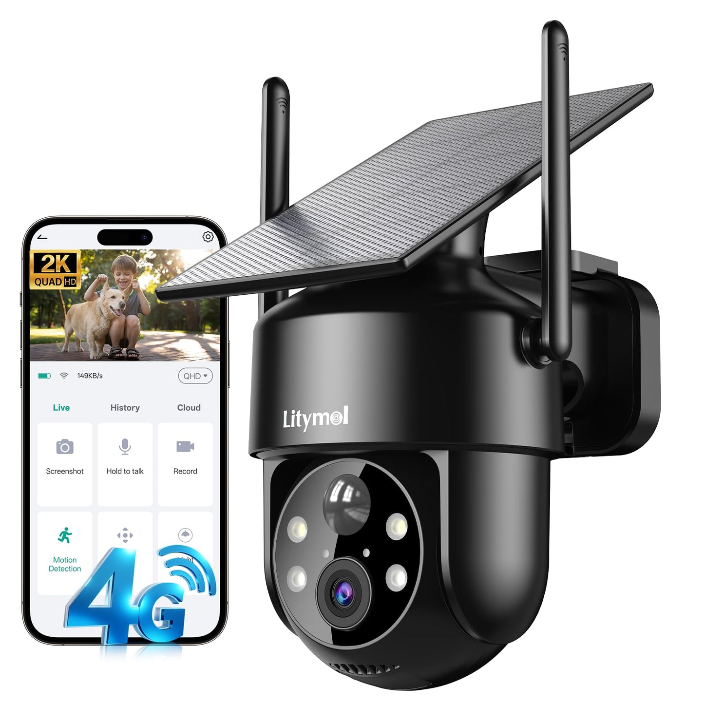 LITYMOL 4G LTE Cellular Solar Security Cameras Wireless Outdoor,No WiFi Cameras for Home Security,2K Surveillance Camera Lenses,Spotlight Siren Alarm,AI Detection,SD/Cloud Storage