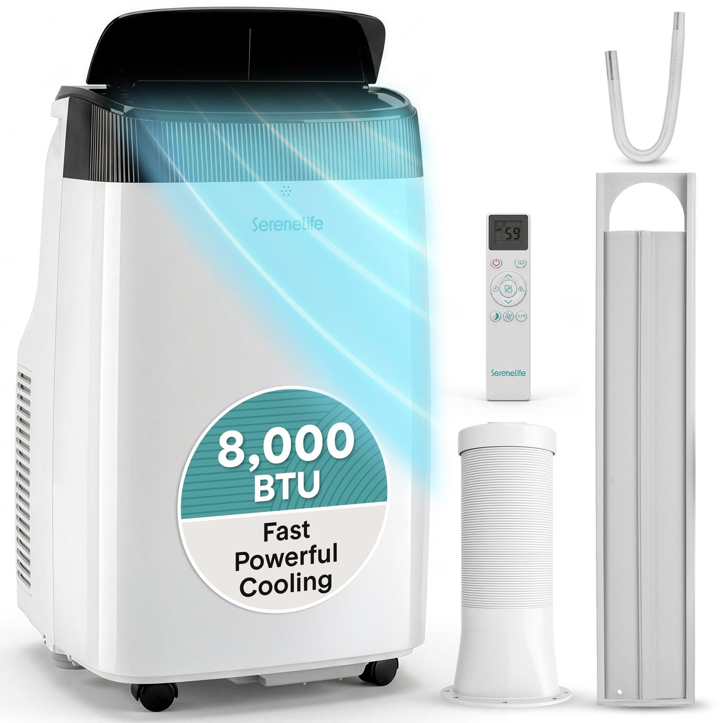SereneLife Portable Air Conditioner, Dehumidifier & Fan | 3-in-1 8,000 BTU AC With Temperature Ranges 64°F–90°F & Cools 350 SQ FT | Includes 3 Fan Speeds, Remote Control, & Window Exhaust Kit | White